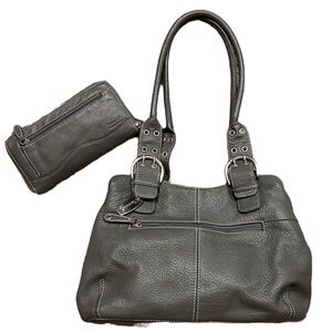 Tignanello Bundle Perfect 10 French Tote and Matching Wallet Gray Pebble Leather